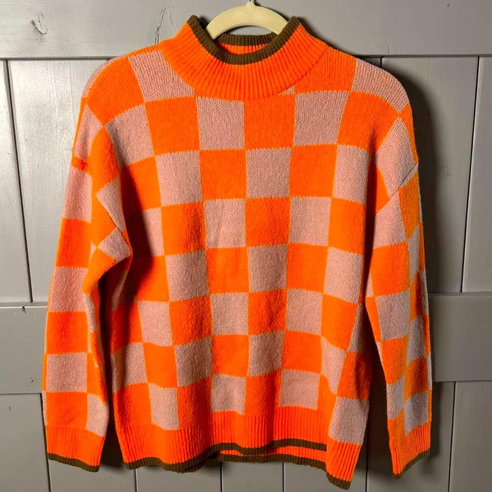THML Orange and Tan Checkered Long Sleeve Sweater Size XS